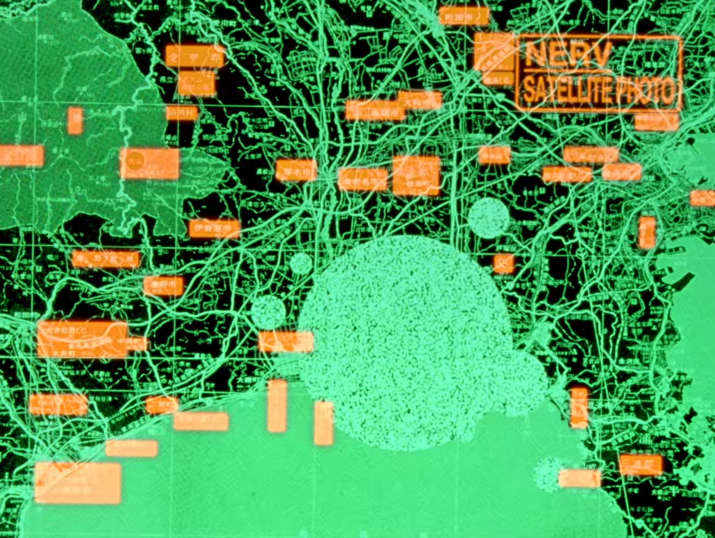 a futuristic green neon map covered in several orange boxes.